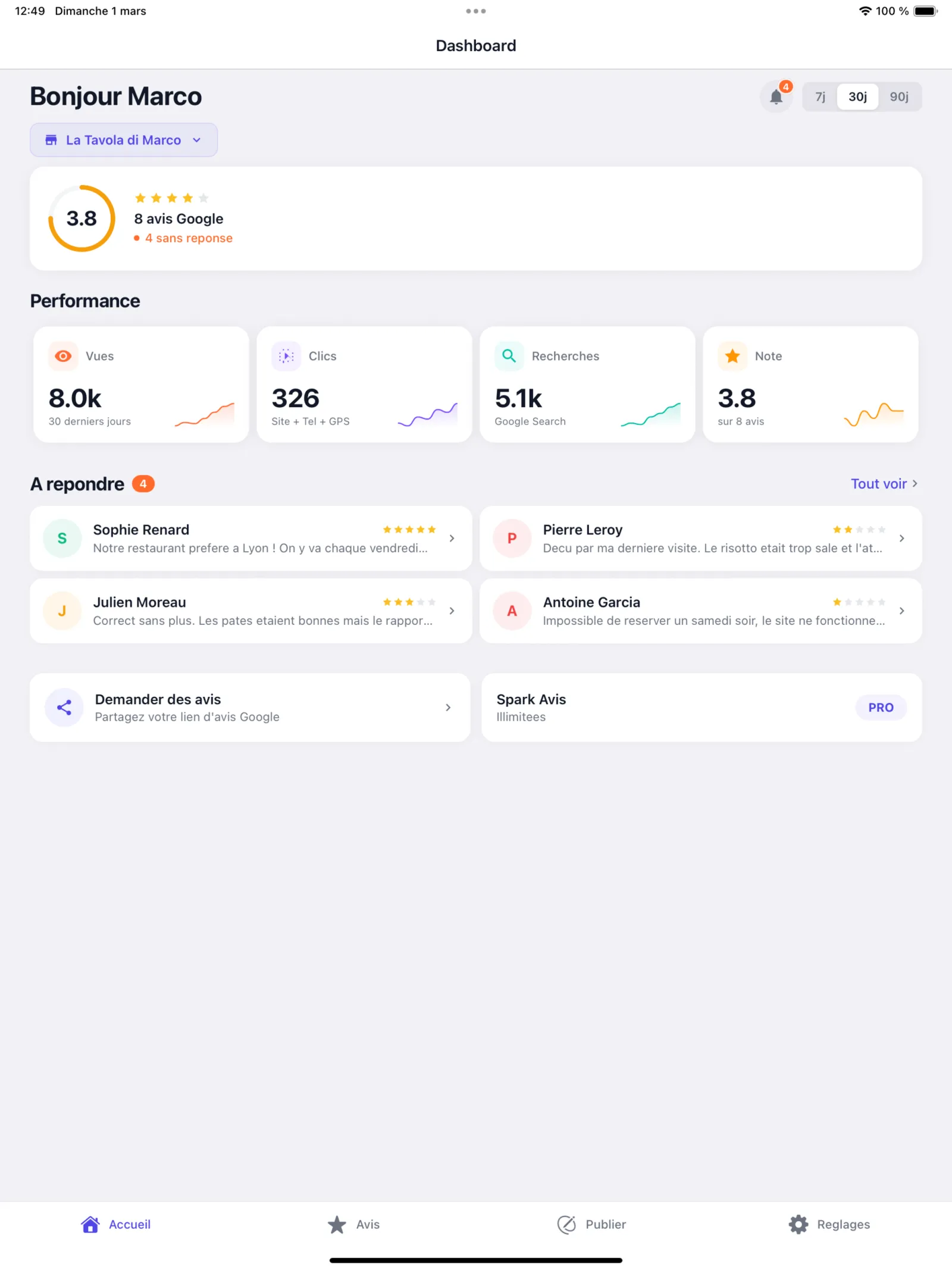 Sparkavis interface - réponses IA personnalisées aux avis Google