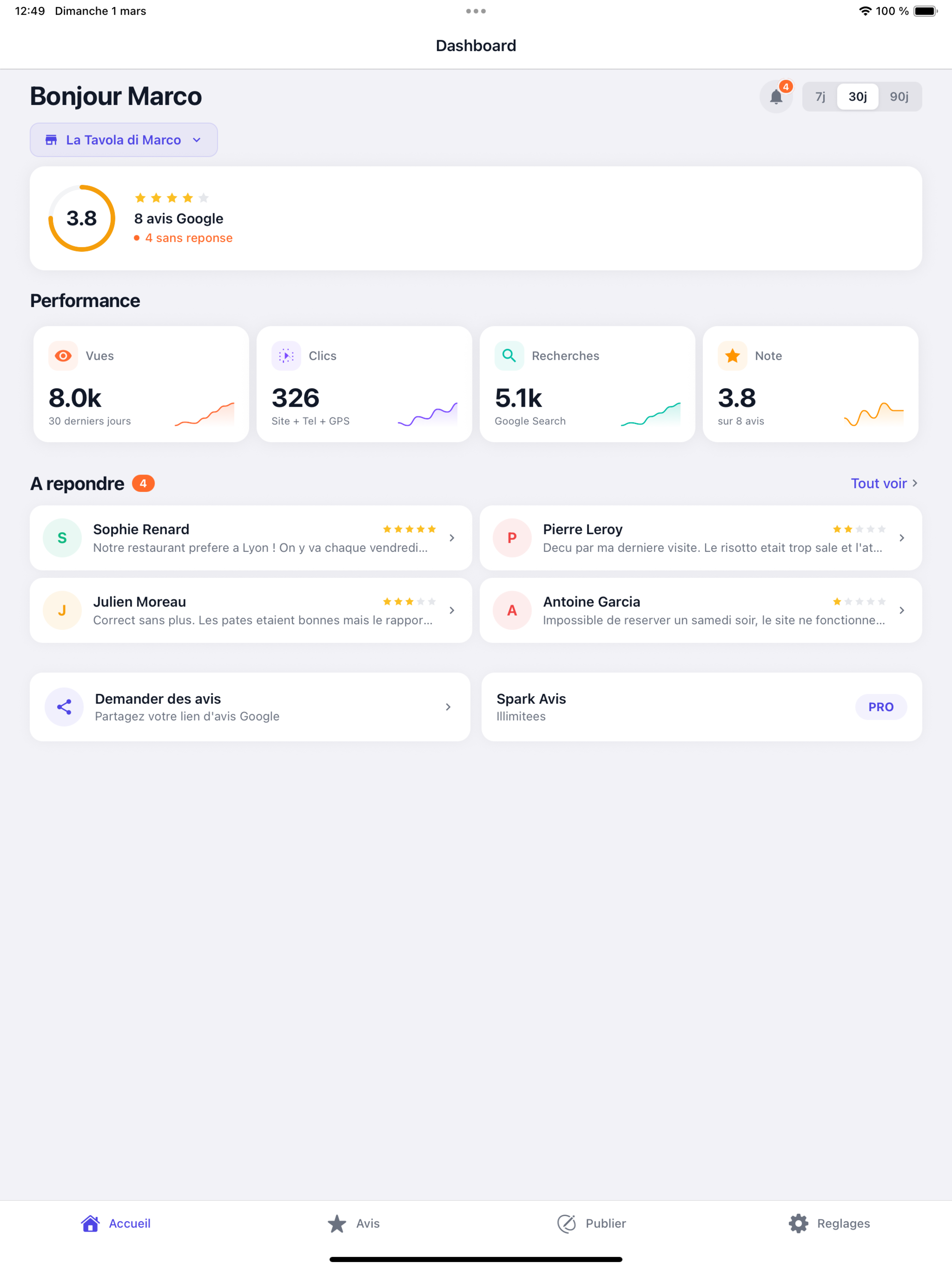 Sparkavis interface - réponses IA personnalisées aux avis Google